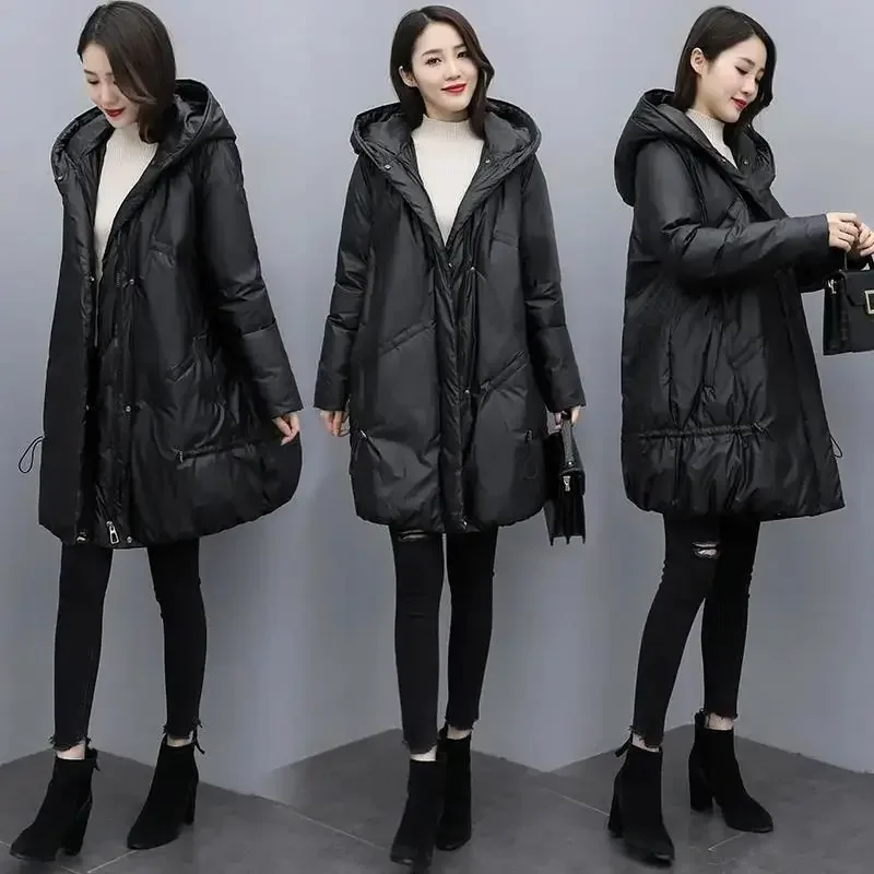 Thicken Parka Winter Glossy Down Cotton Jacket 2024 Fashion Korean Loose Hooded Coat Female Warm Windproof Snow Outwear Parkas