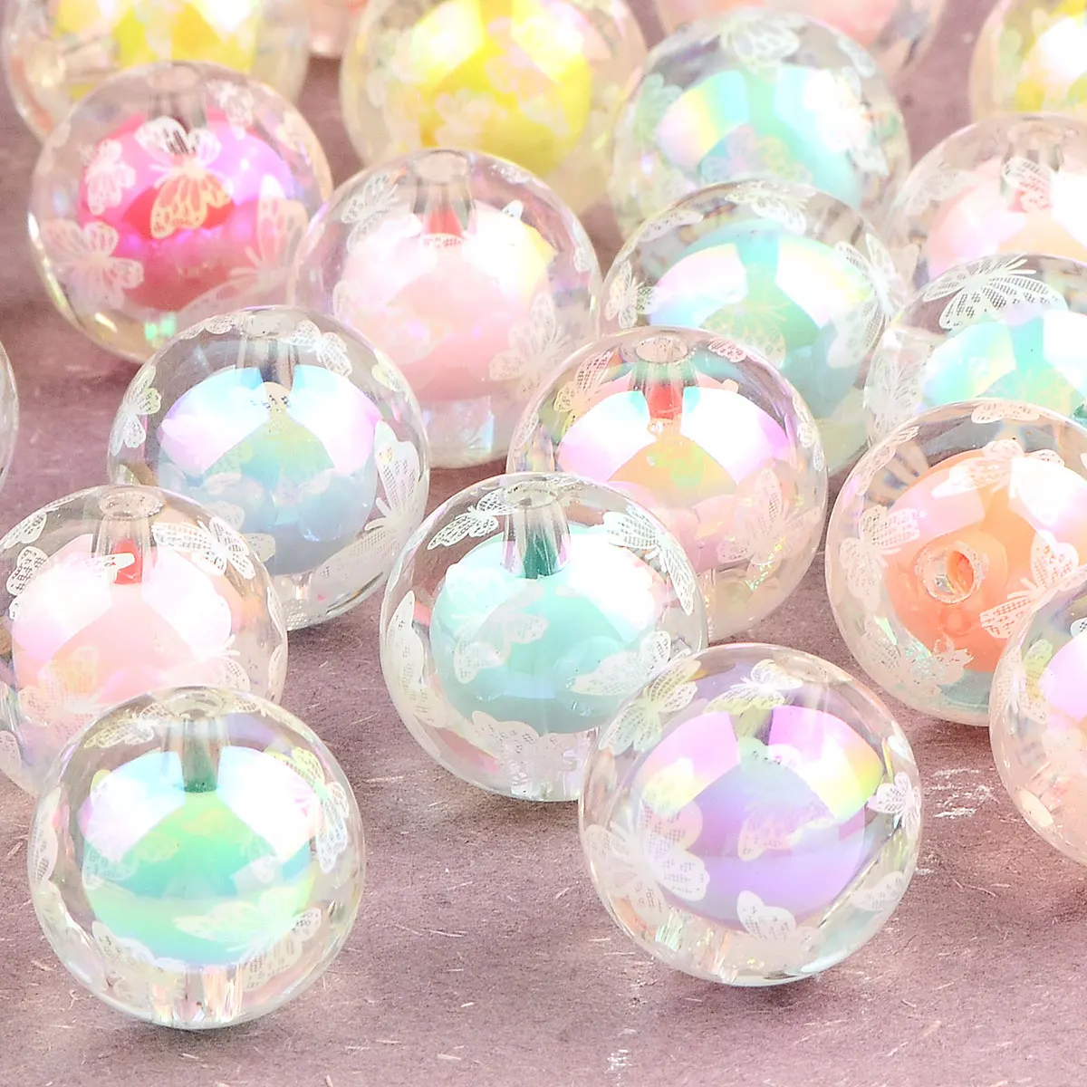 5pcs 1.6cm Random Color Mix Colorful Round Beads Butterfly Pattern Acrylic Beads DIY Bracelet Necklace Accessories