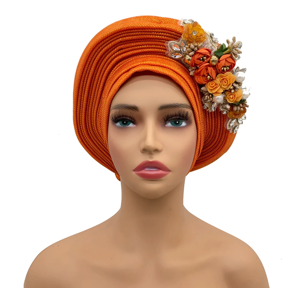 Fashion Women\'s Auto Gele Headtie African Wedding Head Ties Party Head Wraps Lady Turban Cap Female Flower Autogeles