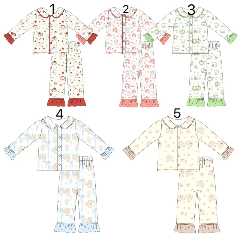 Girls Boutique Pajama Set Cartoon Apple Cat Print Girls Ruffle Pyjamas Casual Set Milk Silk