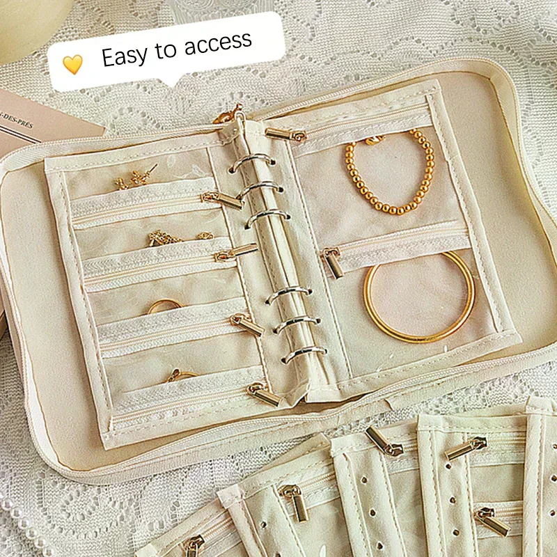 

Jewelry Storage Book With Loose-leaf Transparent Zipper Bag Necklace Ring Binder Storage Book Luxury Suede Rose Pattern Pockets