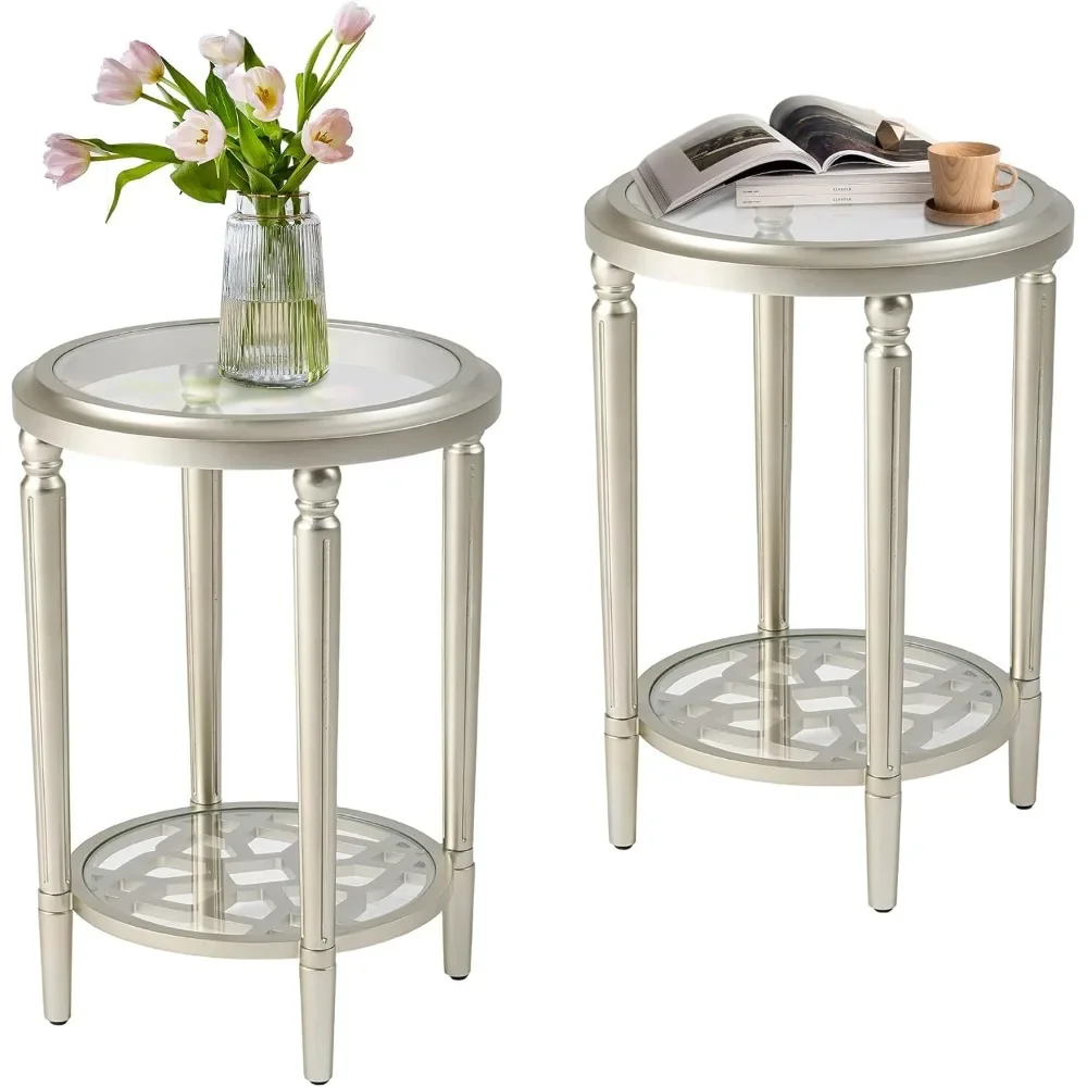 Set of 2 Modern End Tables with Tempered Glass Tops & Glass Lower Shelves, MDF Nightstands for Living Room, Bedroom