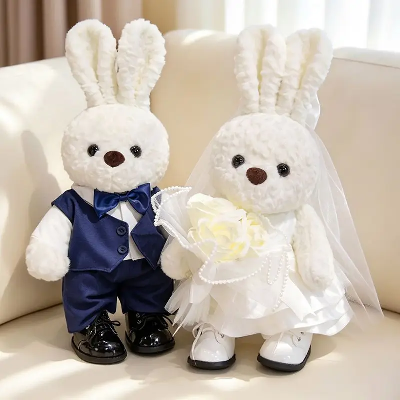 Cute Wedding Pair Plush Toys Teddy Bear Rabbit Suit Soft Fluffy Animal Plush Romantic Wedding Gift for Couples Home Decoration