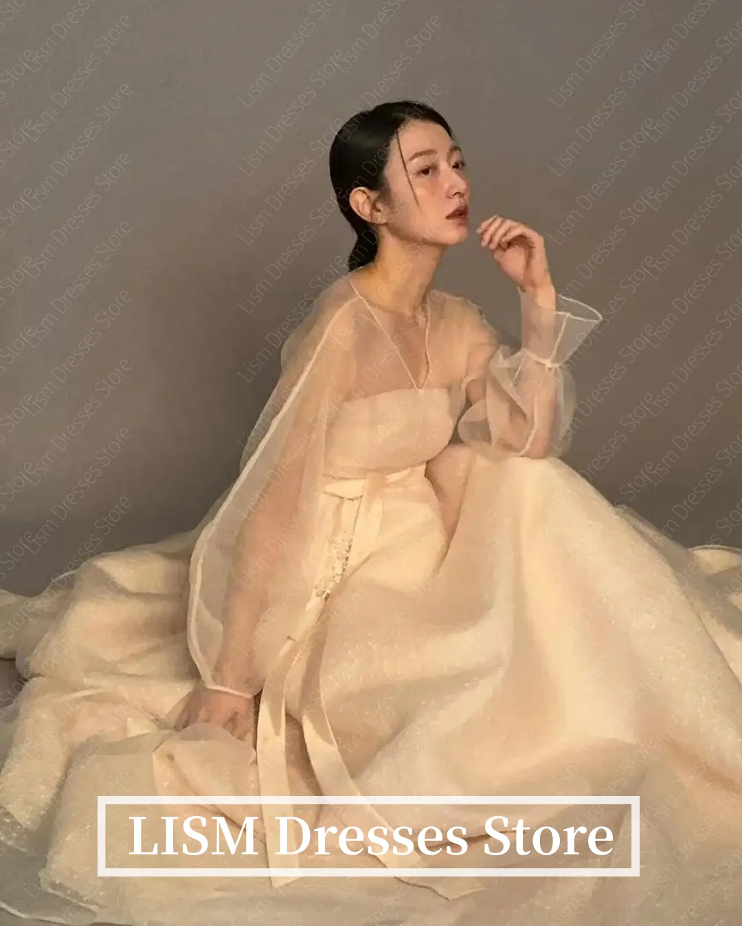 LISM 맞춤형 A 라인 한복 긴 소매 브이넥 웨딩 드레스 한국 사진 촬영 신부 가운 맞춤형 공식 파티 드레스