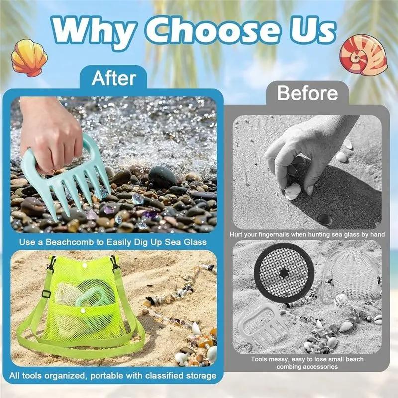 BEDW-Sharktooth Sifter Tools Sand Shovel Rake With Sand Sifters & Mesh Beach Bag & Seashell Sack For Beach Shell Scooper