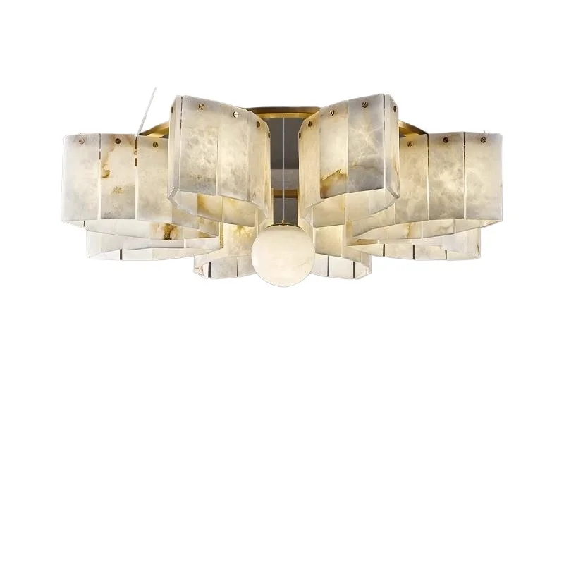 

Modern light luxury living room chandelier, simple high-end natural marble hall main lamp, villa study all copper lamps