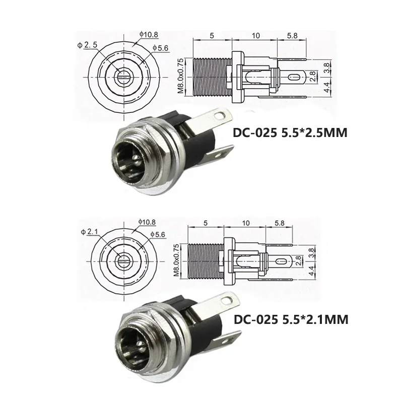 10/50PCS DC Power Supply Jack Socket Female Panel Mount Connector 3-Pin 5.5 X 2.1mm Male DC Power Plug 5.5*2.5mm