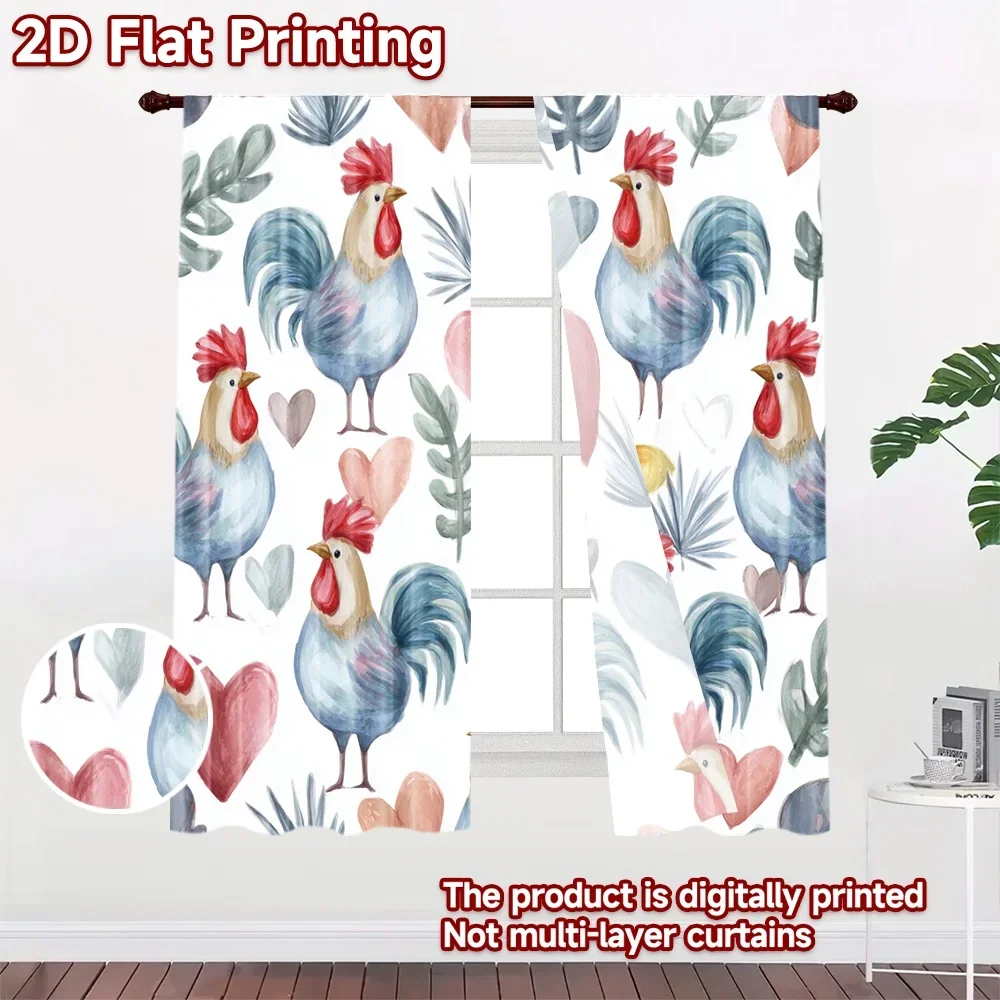 Cute Rooster Pattern Curtain Pair Set Watercolor Farmhouse Blue Pink Chicken Print Window Drapes Decor Nursery 2pcs