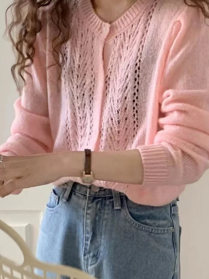 

Корейский женский вязаный открытый кардиган, мягкий свободный круглый свитер Ne, осенний модный воздушный ажурный дизайн, верхняя одежда для девочек