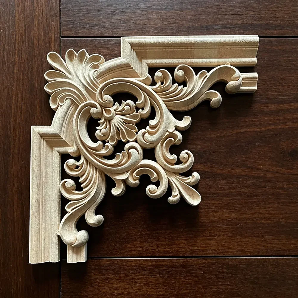 22-45cm Woodcarving Corner Decal Unpainted Wood Decal Corner Onlay Applique Frame Home European 3D Rose Decor Home Furniture