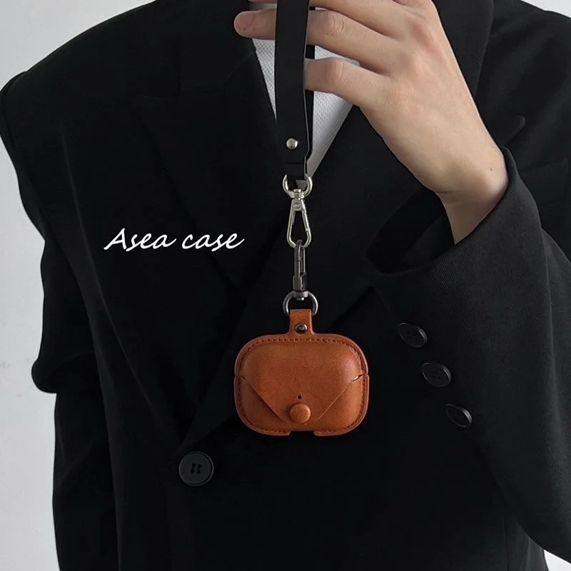 Funda de Cuero Retro Marrón para Auriculares Apple Airpods Pro3 con Cordón Corto, Compatible con Airpods3 4