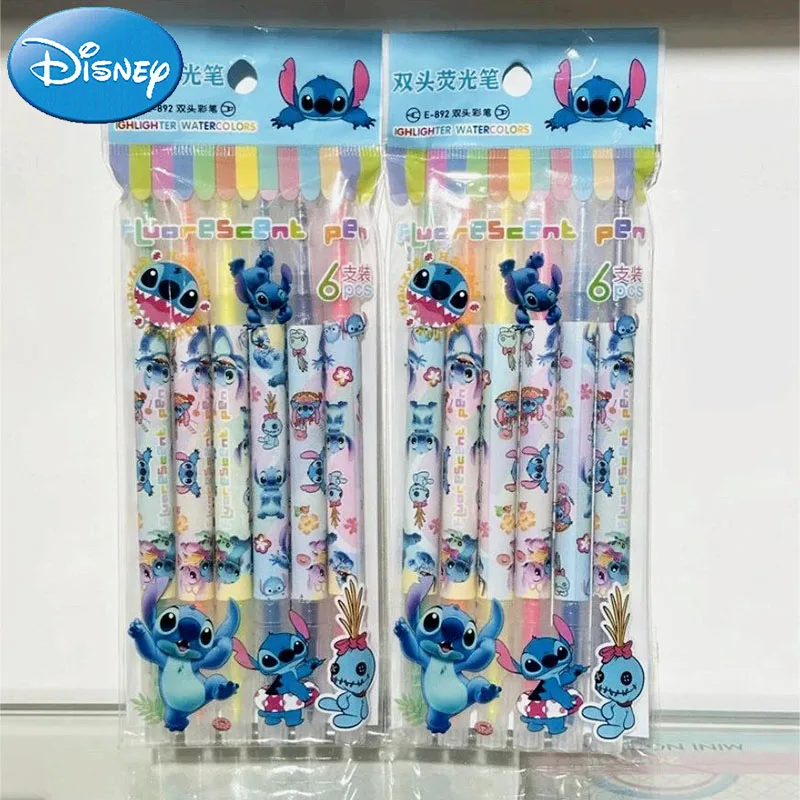 

6 PCS Disney Stitch Double-ended Color Changing Highlighter Marker Set Student Diary Painting DIY Children's Toy Birthday Gift