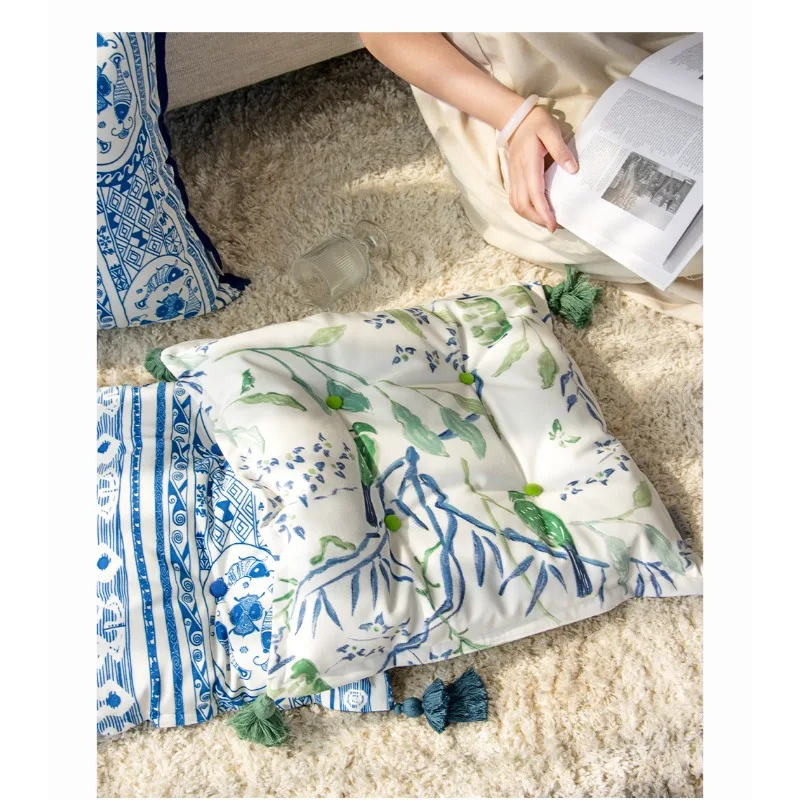 VANCASA Sparse Shadow Harmony, French Chinese Style Blue Green Cushion Office Cushion Summer Dining Chair Cushion Premium