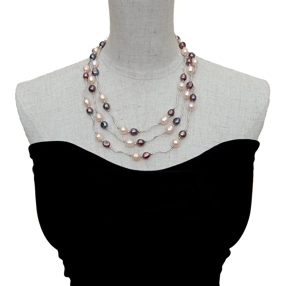 Y·YING 3 Strands Cultured Freshwater Pink Rice Pearl Black Baroque Pearl Necklace 18.5