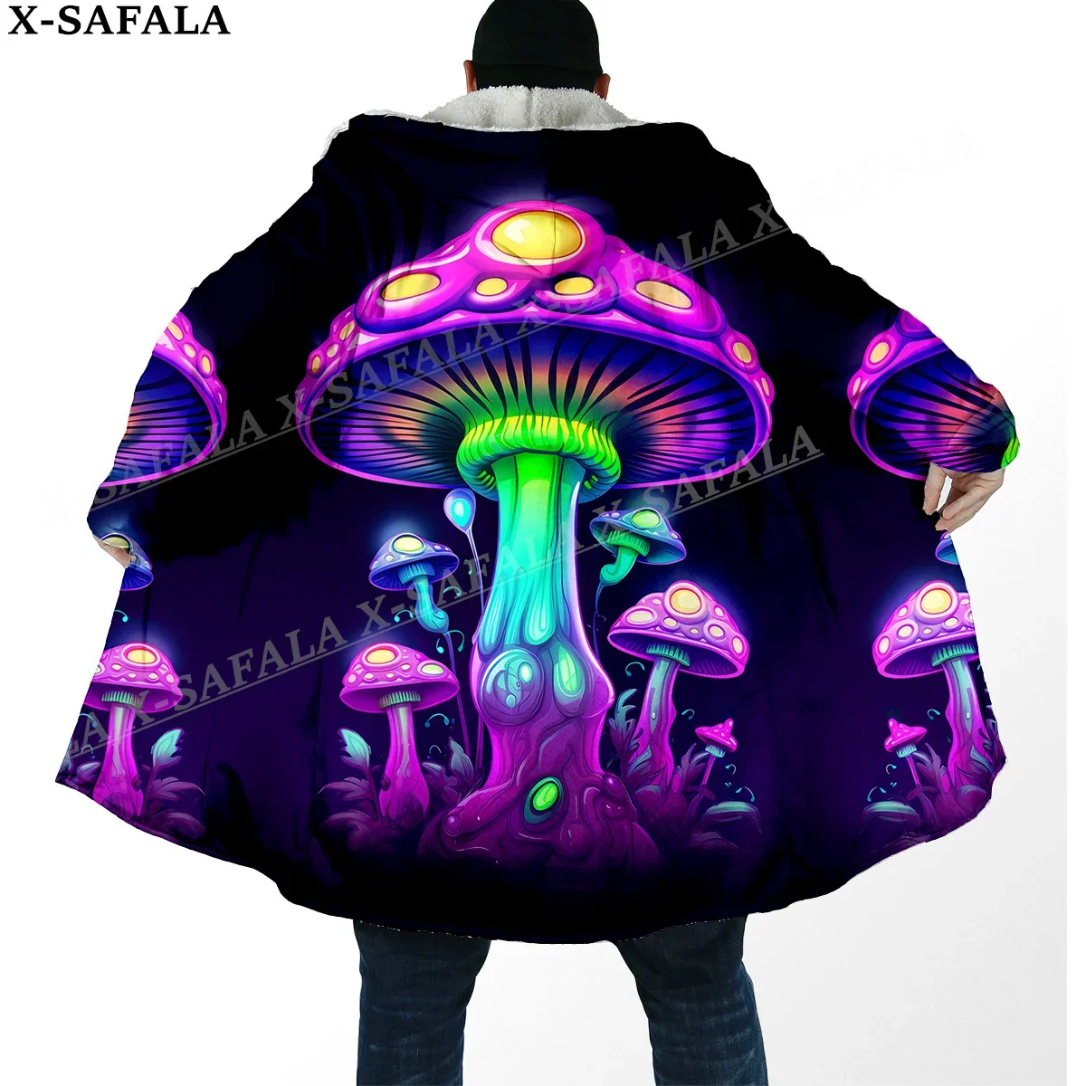 Trippy Psychedelic Mushroom Fungus Thick Warm Hooded Cloak Men Overcoat Coat Windproof Fleece Cape Robe Hooded Blanket-4