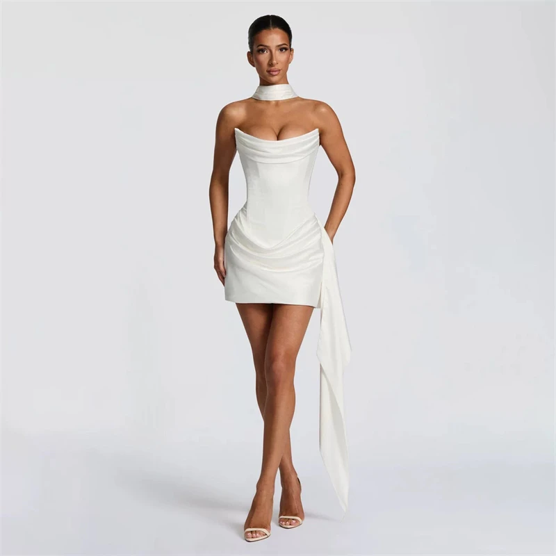 

White Satin Strapless Corset Mini Dress Halter Neck Lace-Up Back With Draped Sash Birthday Party Cocktail Evening Dresses 2026