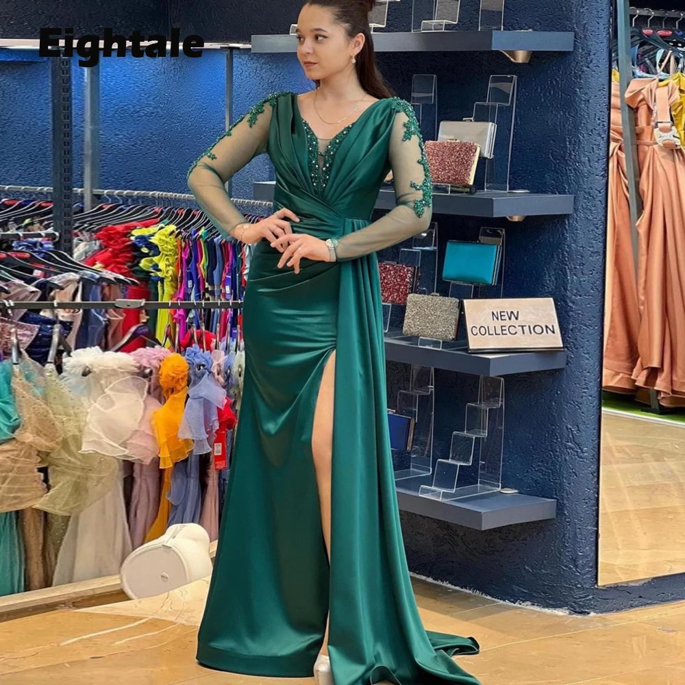 

Eightale Arabic Prom Dresses Satin Mermaid Evening Gown for Wedding Side Split Forma Long Sleeves Celebrity Party robe de soirée