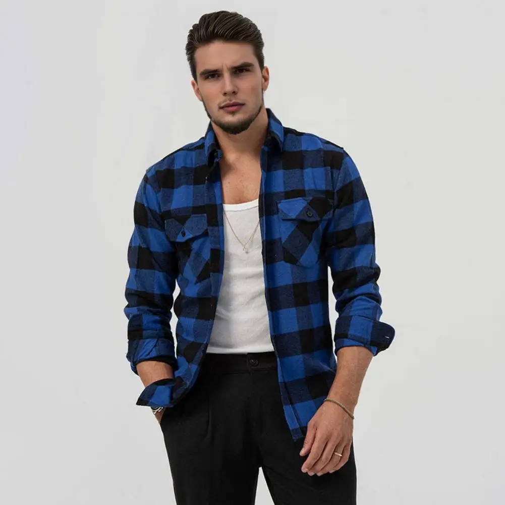 

Spring And Autumn Men Casual Shirt Lapel Long Sleeve Plaid Print Shirt Tops Single Breasted Loose Fit Flap Pockets Shirt Tops
