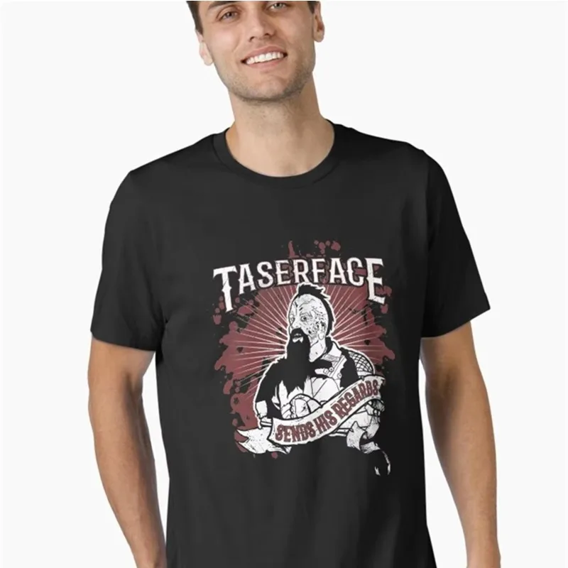 Con una atractiva barba y gafas. La camiseta negra es perfecta para ropa informal de Halloween, camiseta con temática de películas para hombre, Taserface