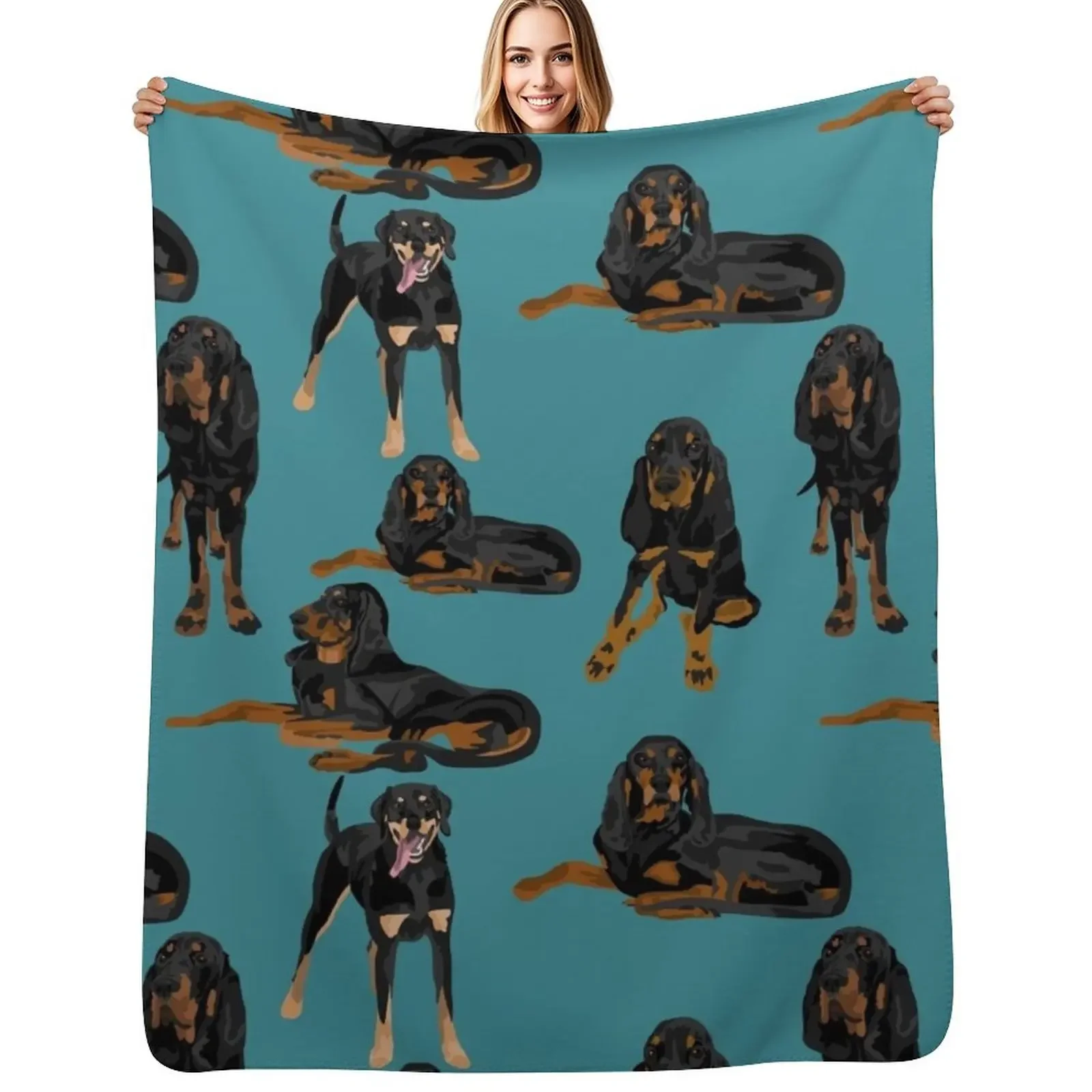 Coonhounds negros y tostados sobre manta verde azulado, mantas de Picnic para cama, ideas de regalos de San Valentín, manta más suave