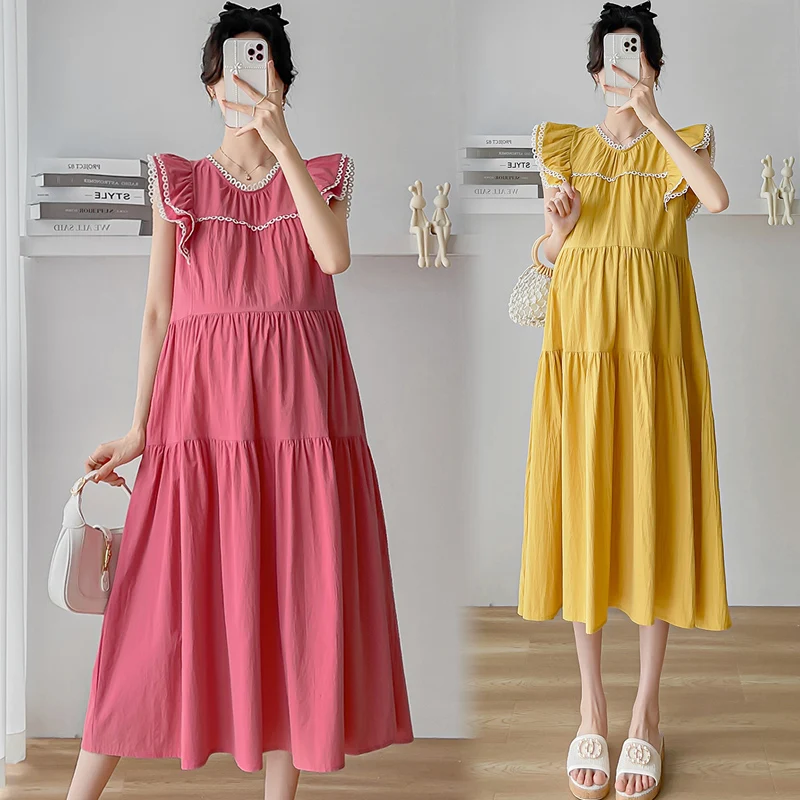 

2023 Summer Maternity Cotton Linen Dress Flying Sleeve Pregnant Woman A-Line Dresses Hollow Out Lace Patchwork Pregnancy Clothes