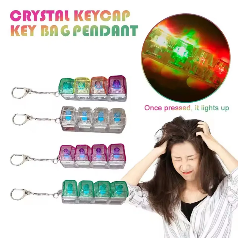 4 Keys Mechanical Keyboard Axis Tester Keychain Stress Relief Clicker Fidget Keyboard with LED Decompression Tools Pendant Gifts