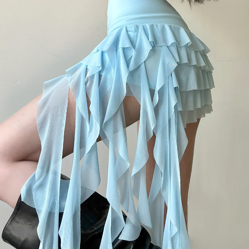 Blue Lace Short Skirt Irregular Hem Pure Desirable Sexy Women's Summer  Style Pleated Skirt Casual Polyester Fiber