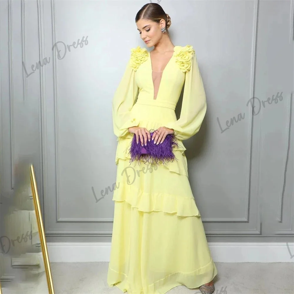 Lena-2024 Light Yellow Layered Chiffon Dress V-neck Handmade Flower Evening Dress Long Sleeve Formal Party Dress