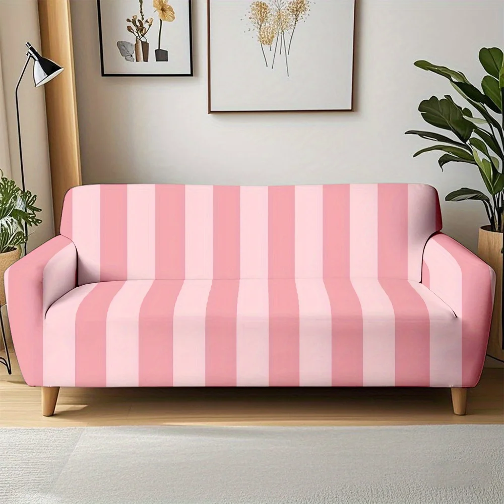 1 Stück Candy Pink Gestreifter Stretch-Sofabezug, Abnehmbarer Waschbarer Möbelschutz für Wohnzimmer