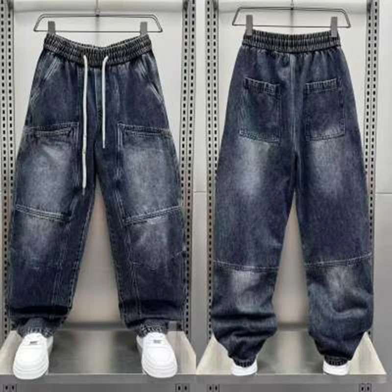 Spring Autumn 2026 New Splicing Cutting Elastic Waist Large Size Mans Washed Loose Wide Leg Big Pocket Scimitar Drawstring Jeans