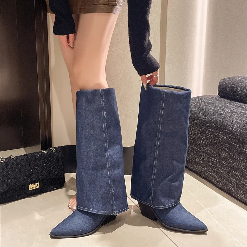 2024 Winter New Pointed Coarse Heel Pants Boots Women's Retro Over the Knee Long Boots High Heels Western Cowboy Boots Knight