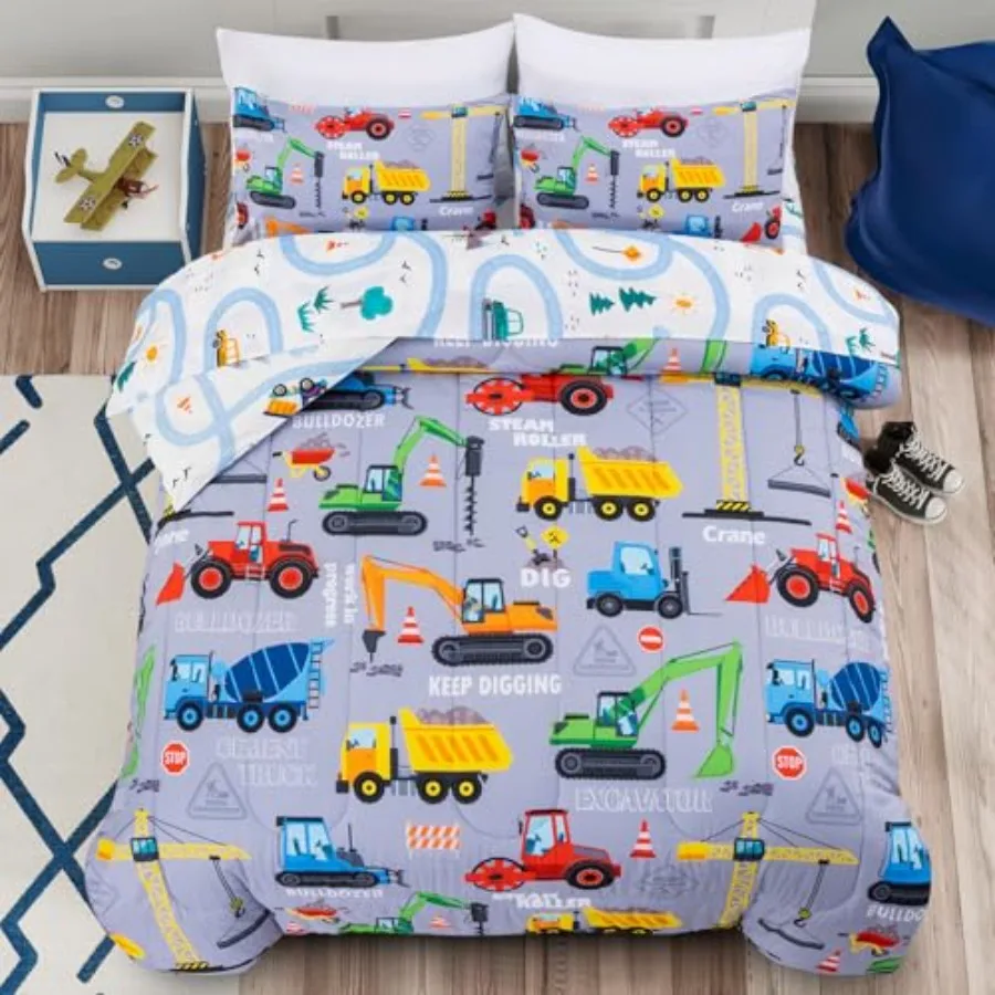 

Trucks Tractors Cars Boy Bedding Comforter Set with Sheets, Size Cartoon Construction Car Excavator Print Bed in A Bag 5-Piece,