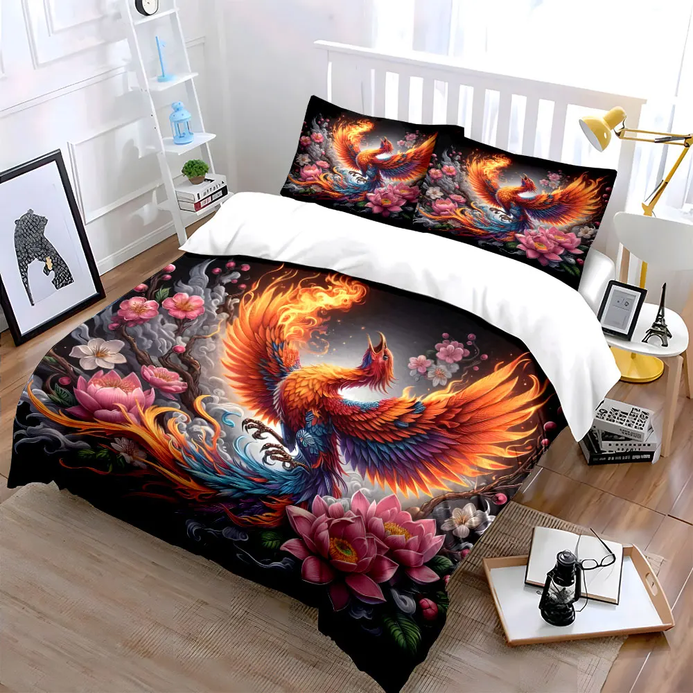 Fiery phoenix rising amidst lotuses Print Soft Comfortable Duvet Cover Bedding Set Included 1*Duvet Cover 2*Pillowcases