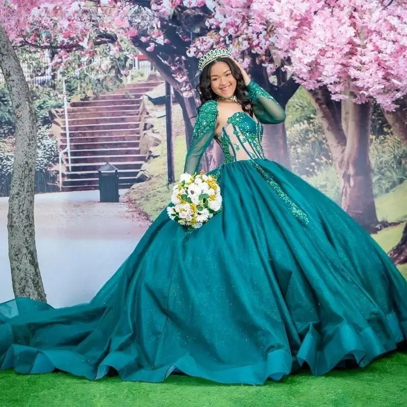 

Emerald Green Quinceanera Dress Ball Gown Lace Applique Beading Detachable Sleeve Sweet 16 Vestido De 15 Anos