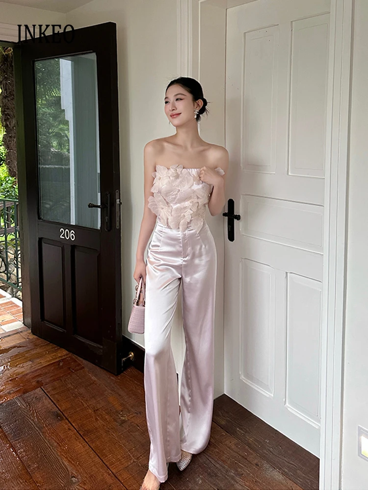 High street Satin strapless top and High waist Straight pants 2025 Summer Texture 2 Piece set Floral Pearl tube tops INKEO 5B007