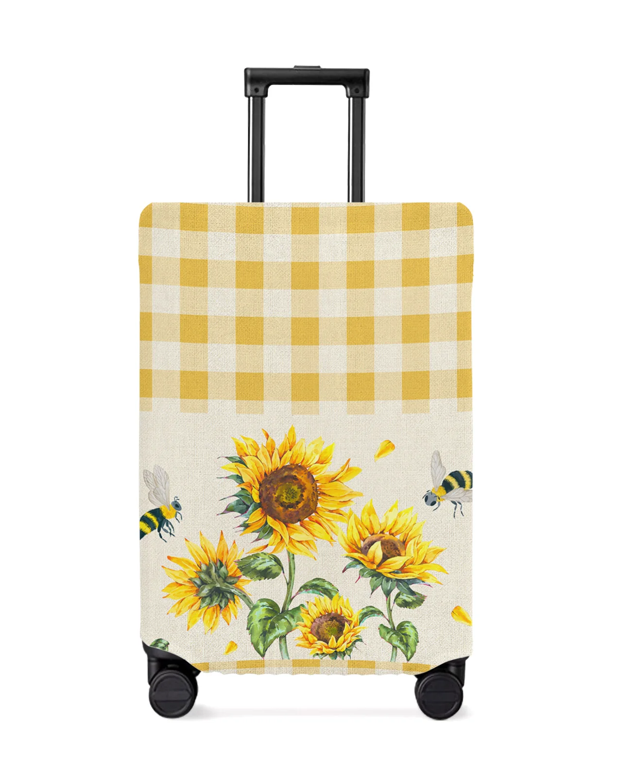 Sunflower Watercolor Flower Bee Plaid Luggage Cover Stretch Baggage Protector Dust Cover for 18-32 Inch Travel Suitcase Case