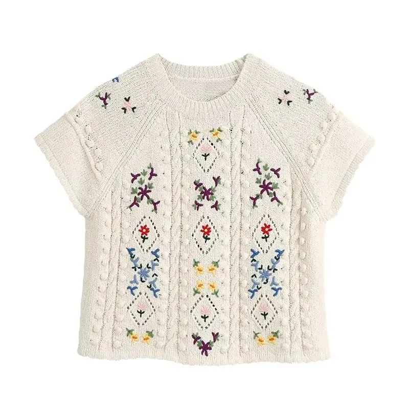 Women's New Fashion O-neck Short Sleeve Flower Embroidered Sweater 2023 Retro Loose Flower Hollow Women's Knitted Pullover Top