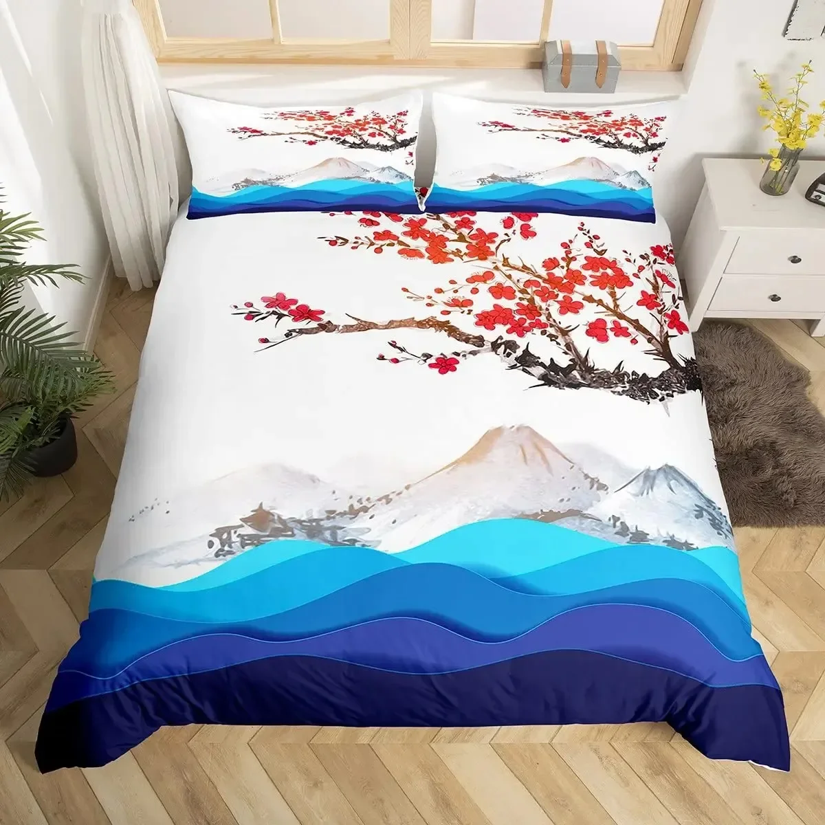 Japanese Duvet Cover Set,Branch of A Flourishing Sakura Tree Flower Cherry Blossoms Spring Theme Art Japan Bedding Set Full Size
