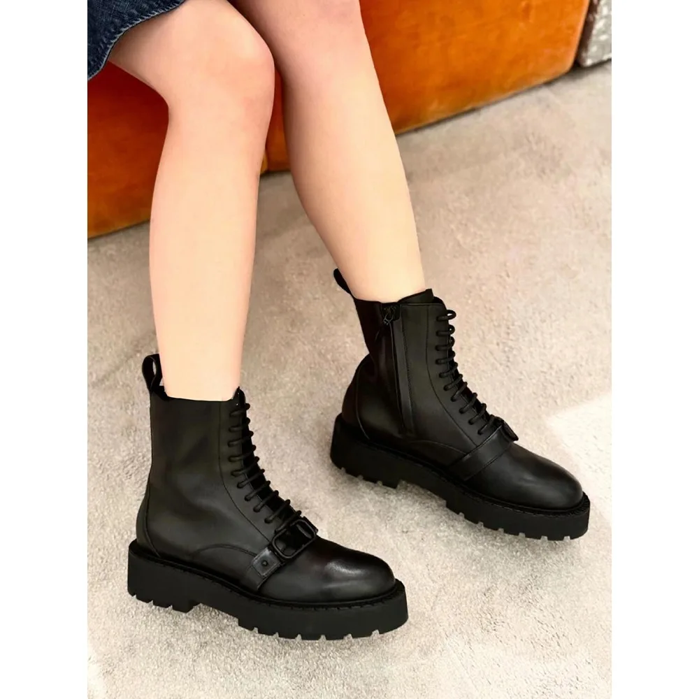 

NIGO Women's Spring Autumn Fashionable Trend Belt Buckle Temperament Short Boots Commuter Simple Casual Lace-up Shoes #NGSH1367