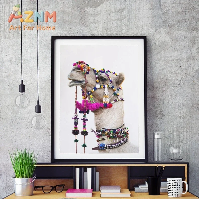 AZNM Colorful Decorated Camel Canvas Wall Art Frameless Bohemian Ethnic Animal Print Poster for Home Living Room Wall Decor