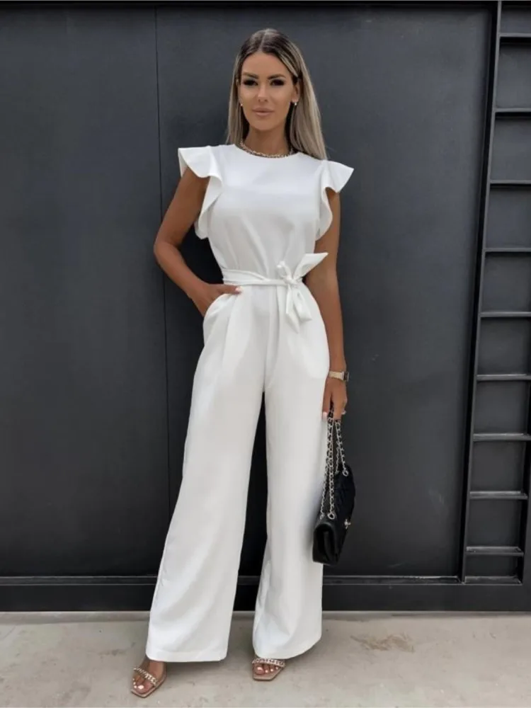 Temperament Jumpsuit Women Elegant Romper 2024 Summer Fashion Ruffles Sleeve Wide Leg Jumpsuits Vintage Streetwear Solid Overall