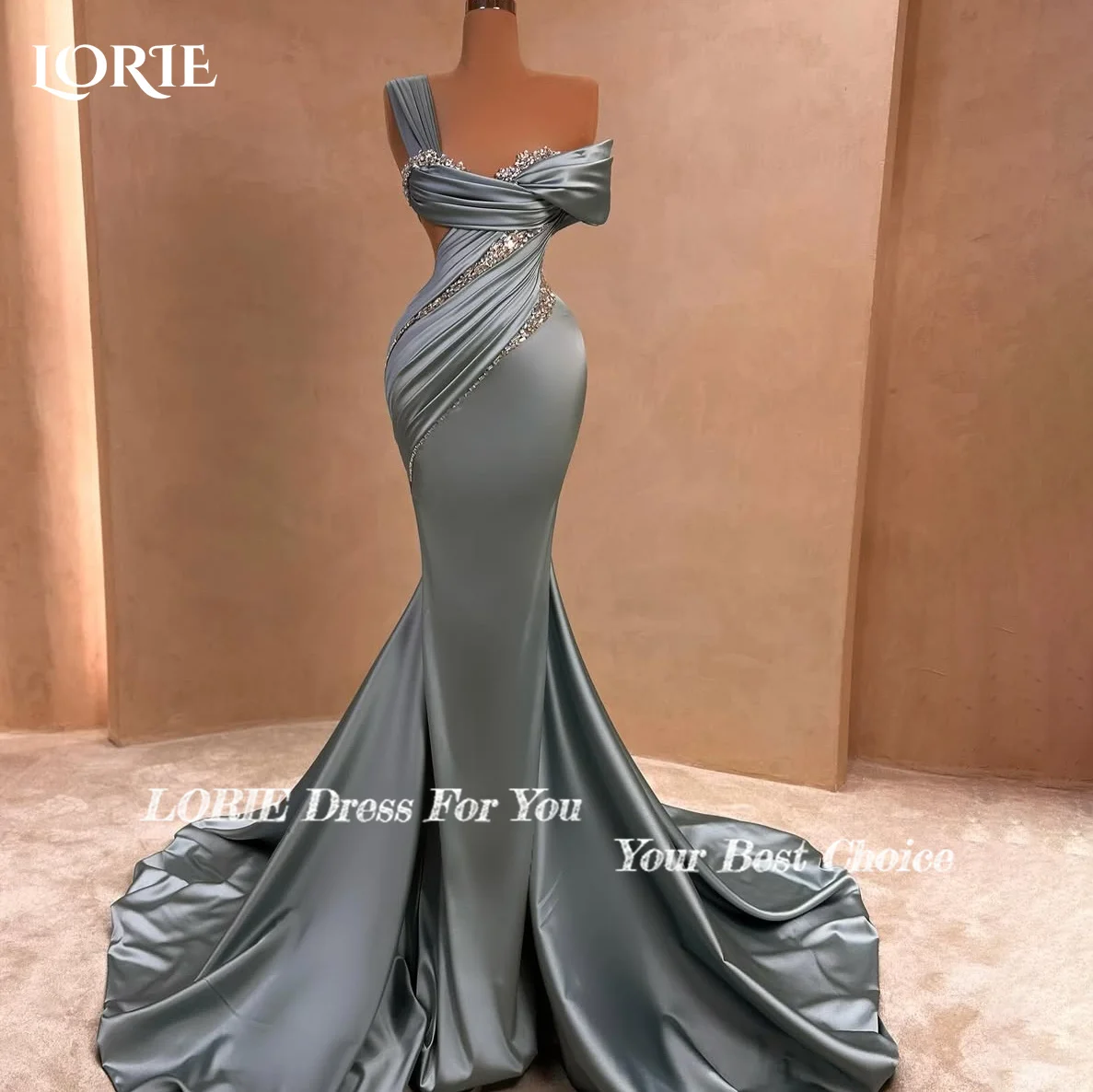 LORIE Shiny Satin Memrmaid Evening Dress Sparkly Shiny Princess Prom Dress One Shoulder Illsion Backless Ball Gowns Customized