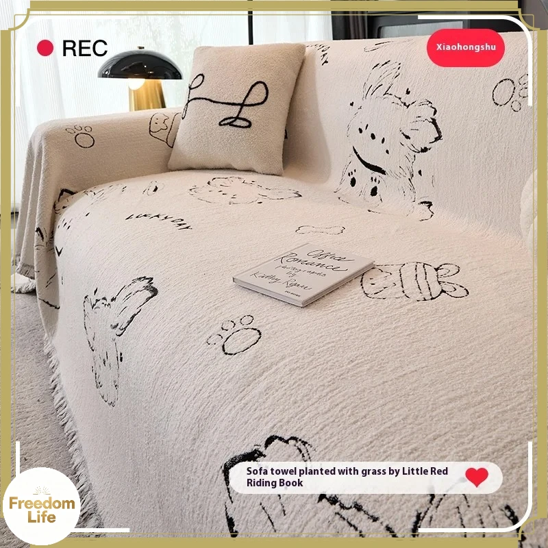 Chenille Sofa Cover Reversible Dog Pattern Solid Color Couch Slipcover All Season L Shaped 2 3 4Seater Living Room Slip Covers