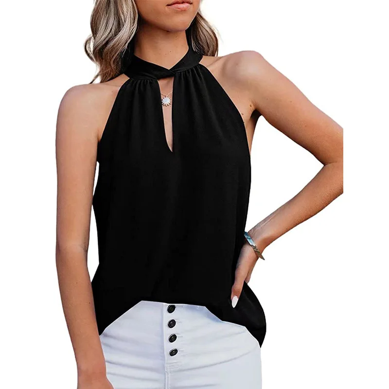 Women Summer Top 2024 New Neck Tied Chiffon Vest Sleeveless Top Female Retro Casual Solid Sleeveless Tops Women\'s Clothing