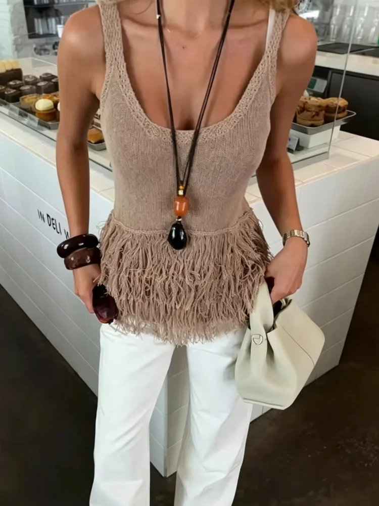 Bohemia Quasten-Strandtop für Damen – Ärmelloses Vintage-Stricktop mit O-Ausschnitt für den Sommer