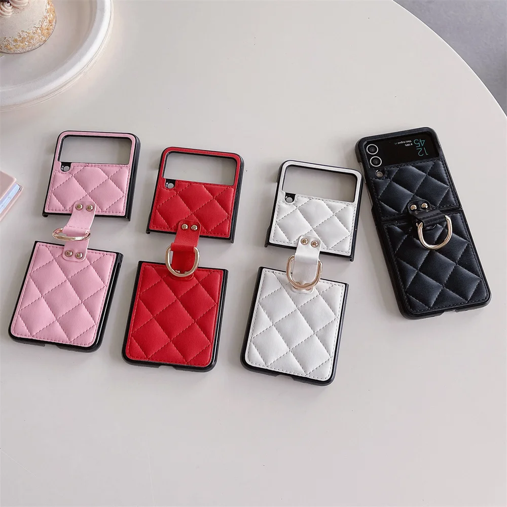 Luxury CC Diamond Checkered Phone Case For Samsung Galaxy Z Flip 4 3 Flip3 Flip4 5G Cover Cute Finger Rings Hinge Leather Cases