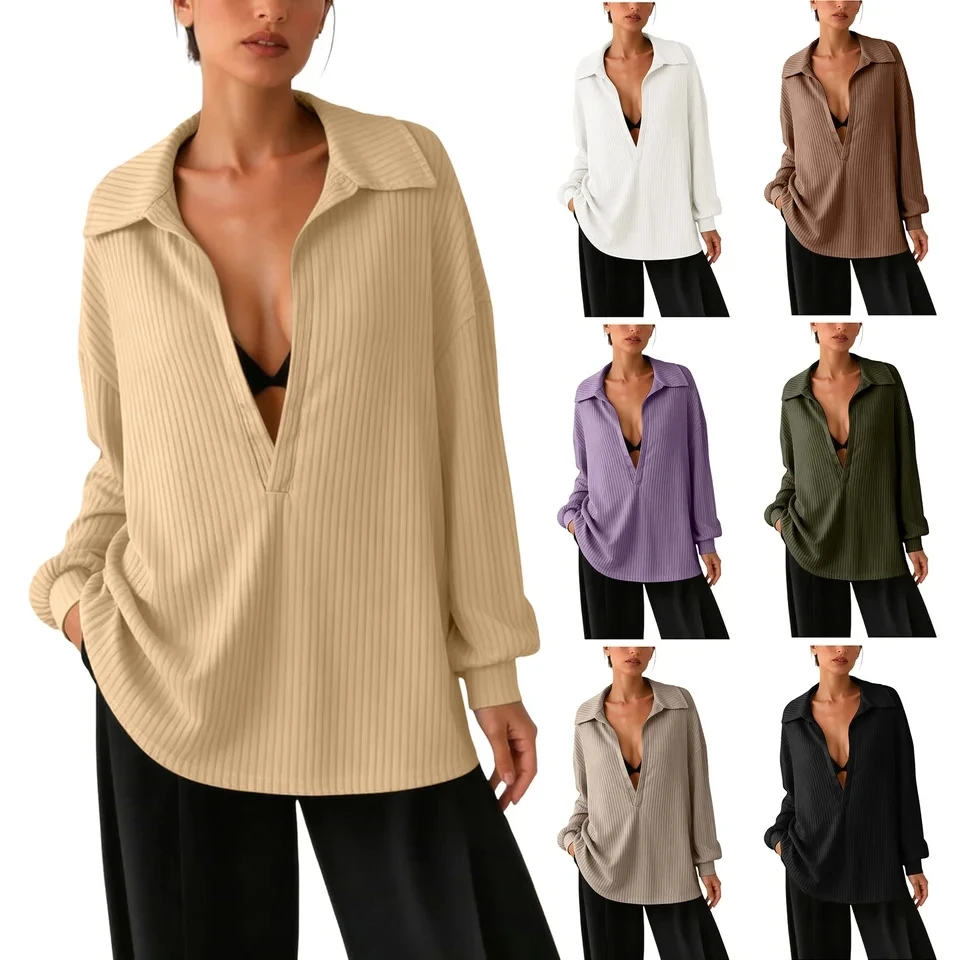 

Fashion Women Blouses Deep V Neck Plain Long Sleeved Tops Loose Fitting Lapel Shirt Blusas Female Solid Color Casual Blouse