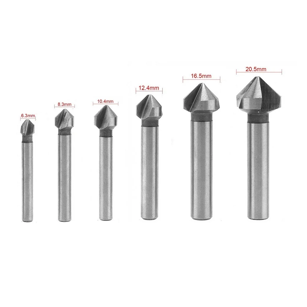 HSS Countersink Drill Bit Set Reamer Woodworking Chamfer Drill 3 Flute 90 Degree 6.3/8.3/10.4/12.4/16.5/20.5mm Screw Hole Drill