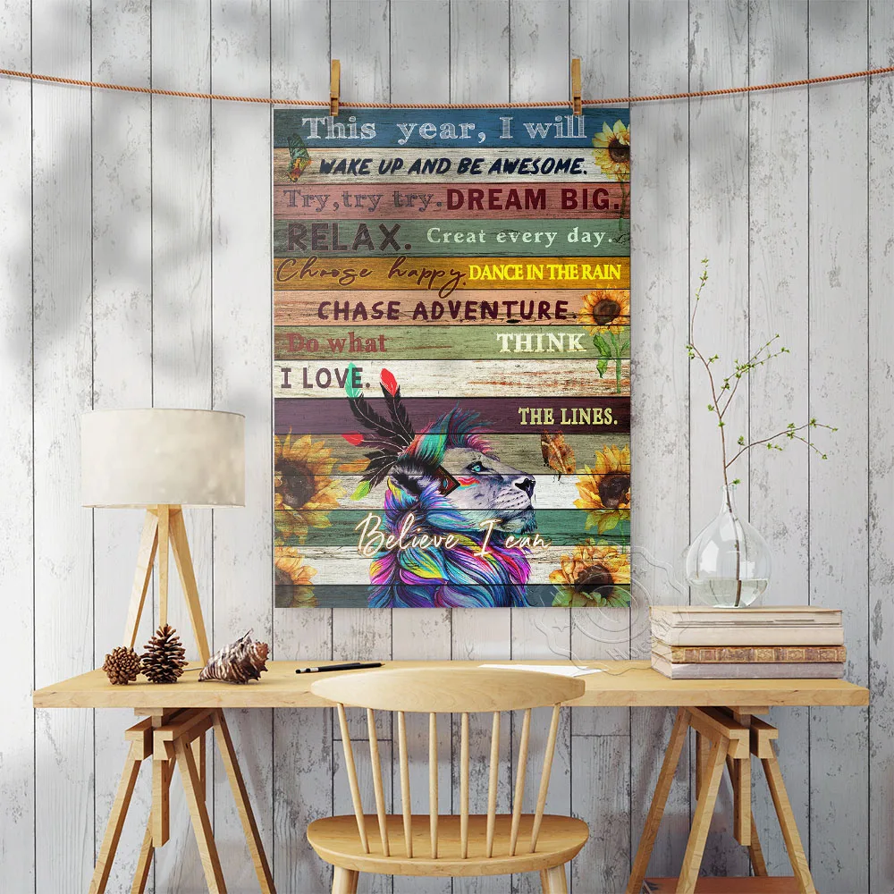 Bohemia Flower Art Print Poster Wood Grain Lion Wall Picture Inspirational Quote Modern Canvas Painting Decor
