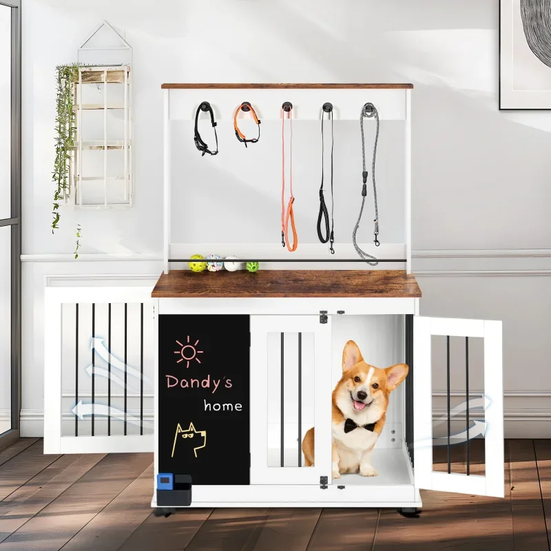 

Graffiti dog cage, kennel with double doors, crate interior furniture, heavy wooden dog cage, large dog, white